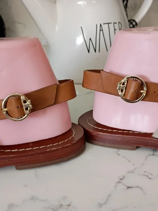 TORY BURCH Handcrafted Brown Leather Slide Sandals with Blue Embroidered Flower - Picture 3 of 12